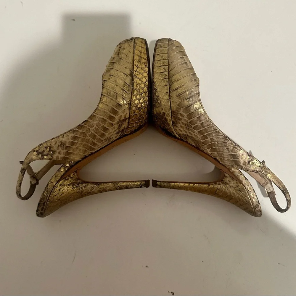 Jimmy Choo Nova Gold Snakeskin Leather Peep Toe Platform Slingback Pumps Size 36
